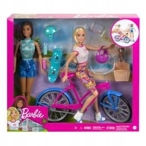 BARBIE ZESTAW 2 LALKI + PIESEK + AKCESORIA ROWER DESKOROLKA UBRANKA HJY84